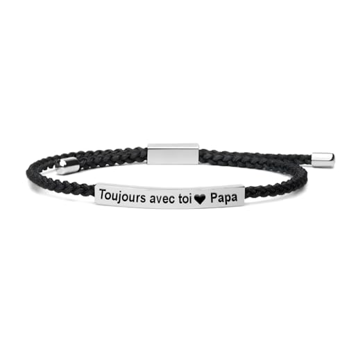 Detalle de Bramart bracelet homme gravé « Toujours avec toi Papa », acier et corde tressée