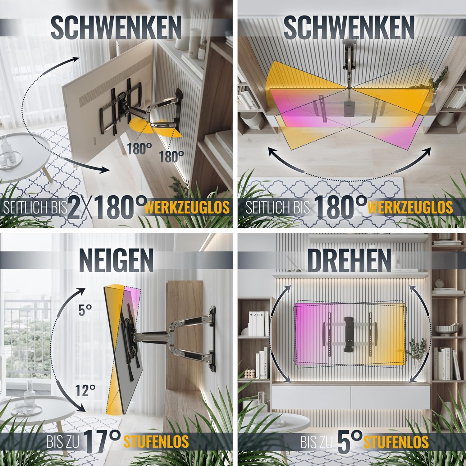 Detalle de RICOO S0644 TV-Wandhalterung: Schwenk- und Neigbar für 32–55 Zoll, VESA 400x400, max. 35 kg