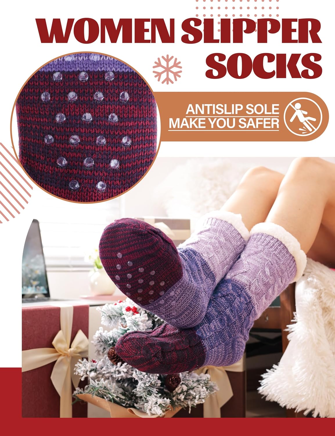 Thumbnail 3 de Anlisim Women’s Fuzzy Slipper Socks with Non-Slip Grips and Thermal Inner