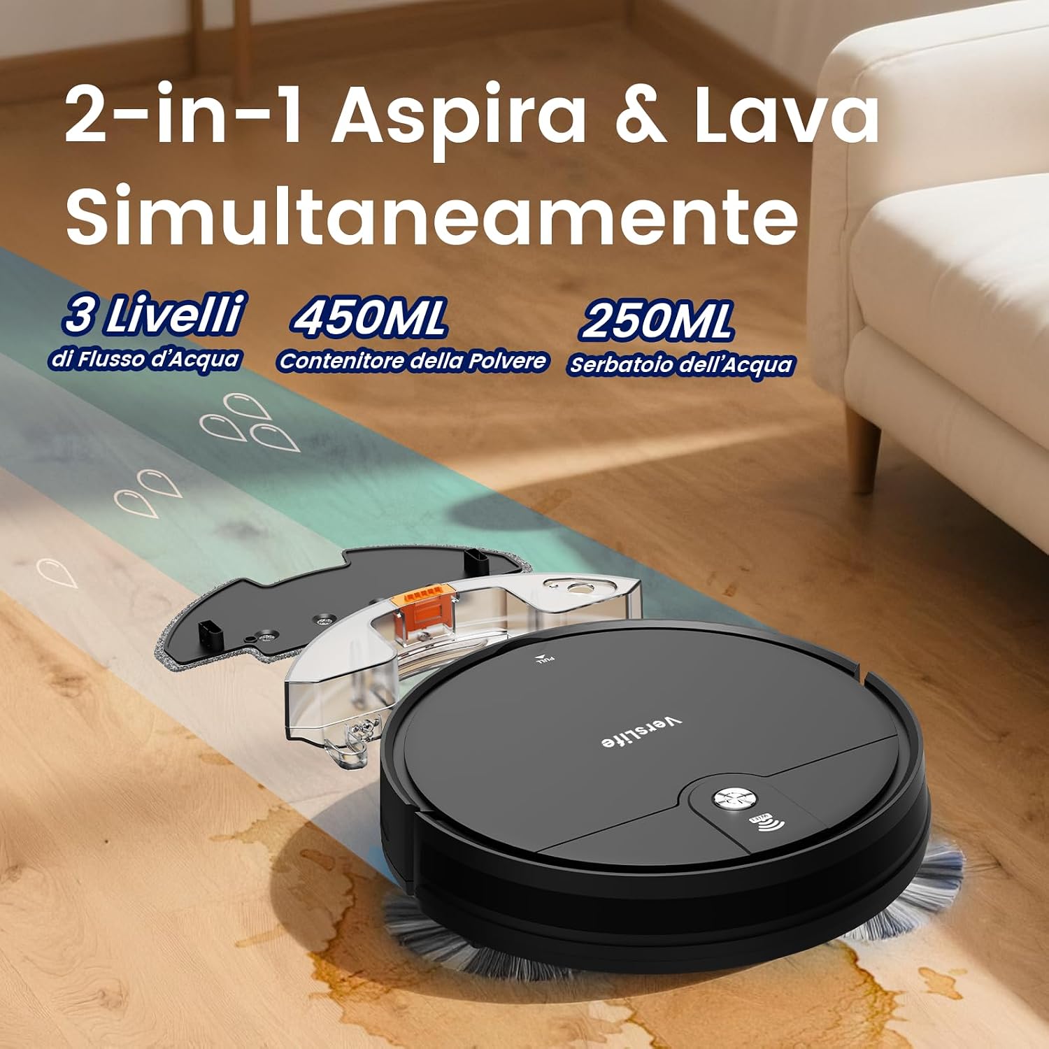Detalle 2 de VersLife L6: Robot Aspirapolvere e Lavapavimenti 2 in 1, autonomia 120 min, 4000Pa, controllo app, Alexa e telecomando