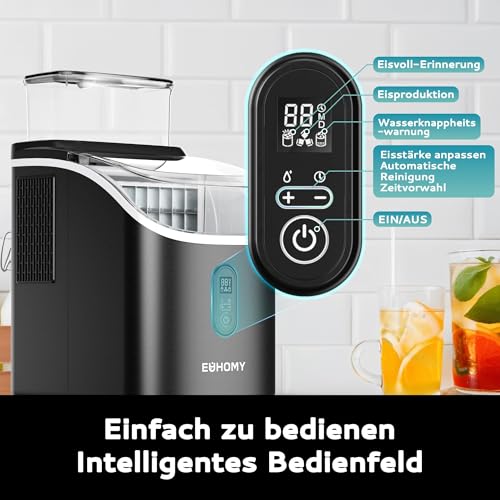 Detalle de EUHOMY Eiswürfelmaschine für die Arbeitsplatte – 15 kg Kapazität, 2 L Wassertank, 16 Eiswürfel in 13 Min