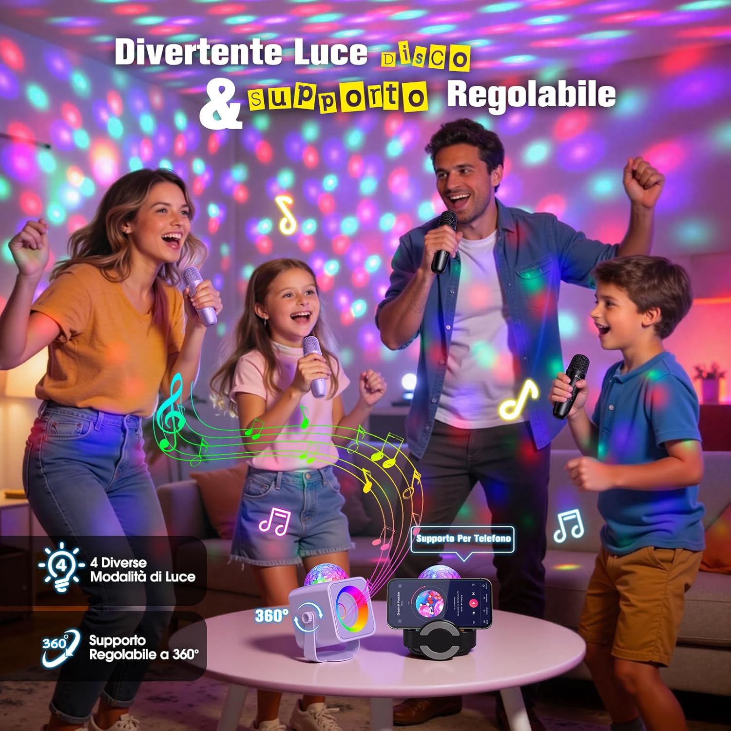Detalle de Dislocati Karaoke con 2 Microfono Bambini: karaoke Bluetooth con luci, supporto 360° e effetti vocali