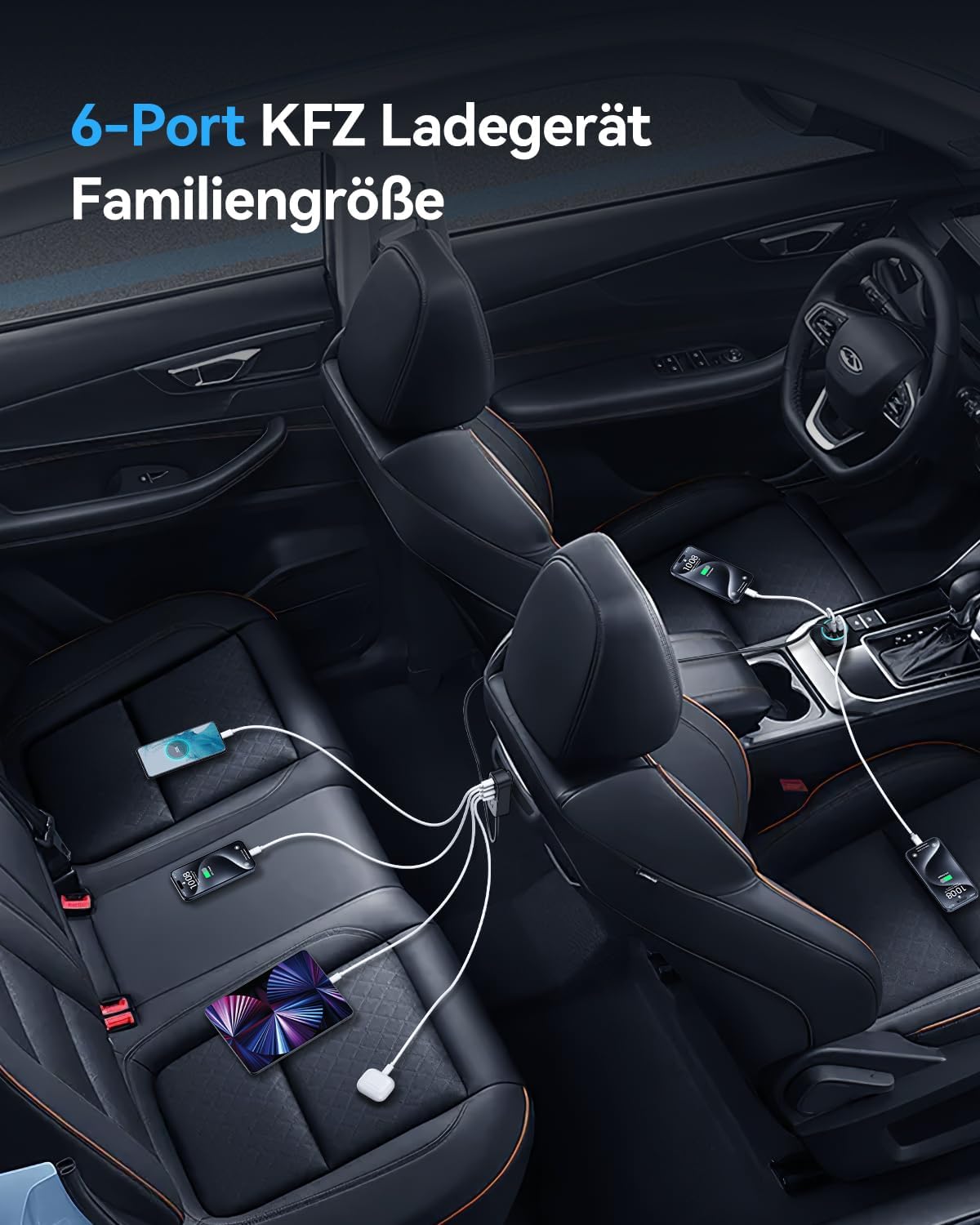 Detalle de Rocoren 105W USB-C Auto-Ladegerät Adapter mit 6 Ports – PD3.0/QC3.0
