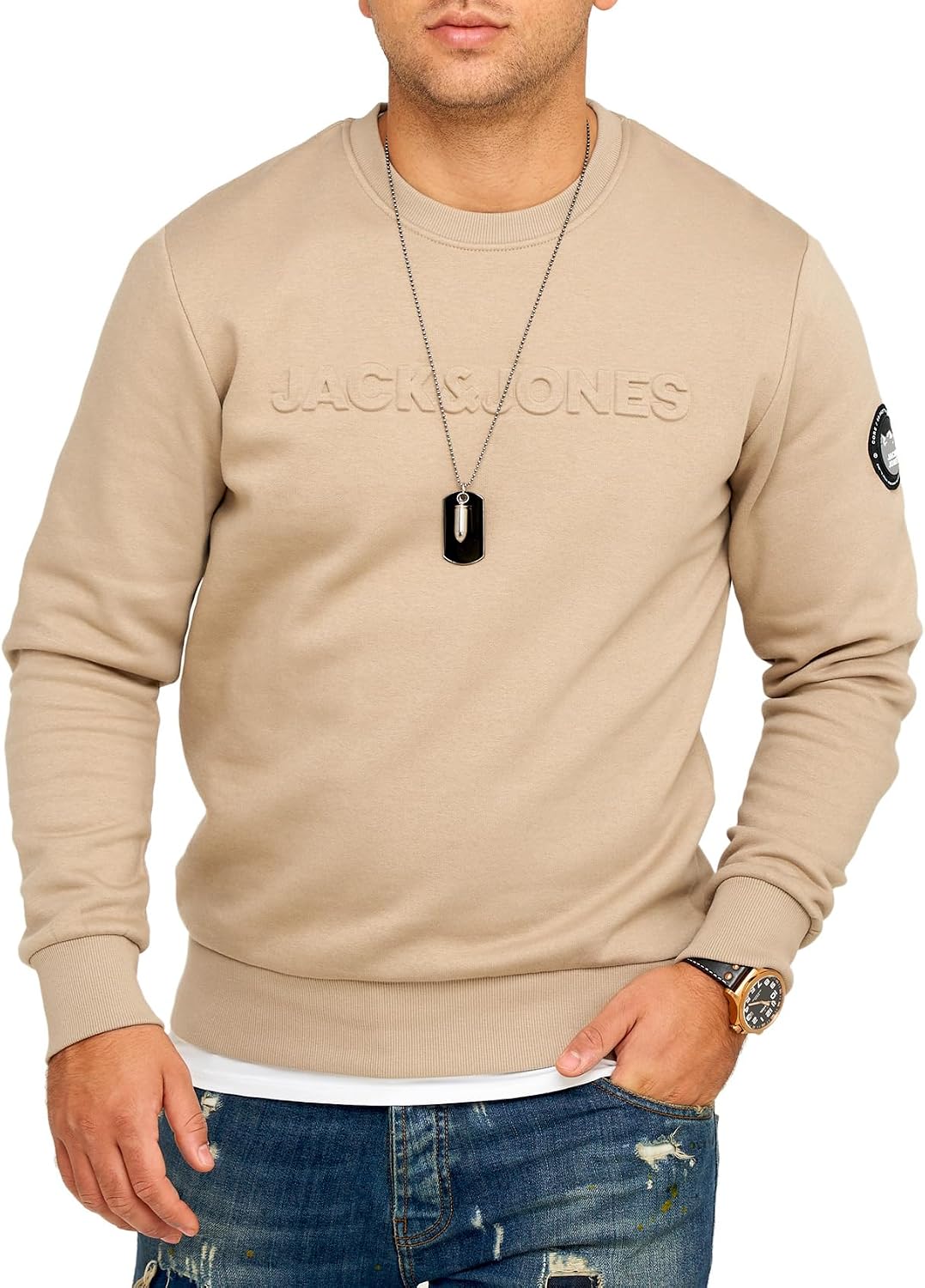 Detalle de JACK & JONES Infinity Herren Sweatshirt Austin Pullover – Rundhals, Logo auf der Brust, Baumwoll-Mischung