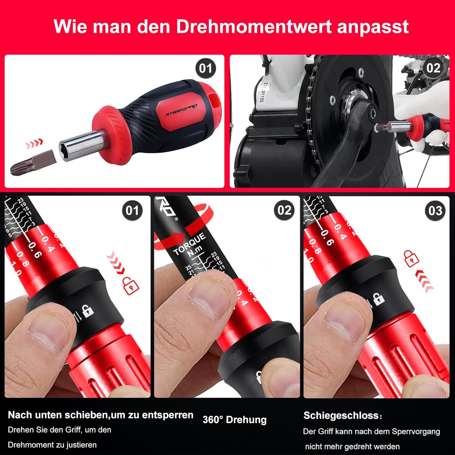 Thumbnail 3 de ATsafepro 1/4" Drehmomentschlüssel fürs Fahrrad (3–25 Nm) mit Bits, magnetischer Ratsche und Verlängerung