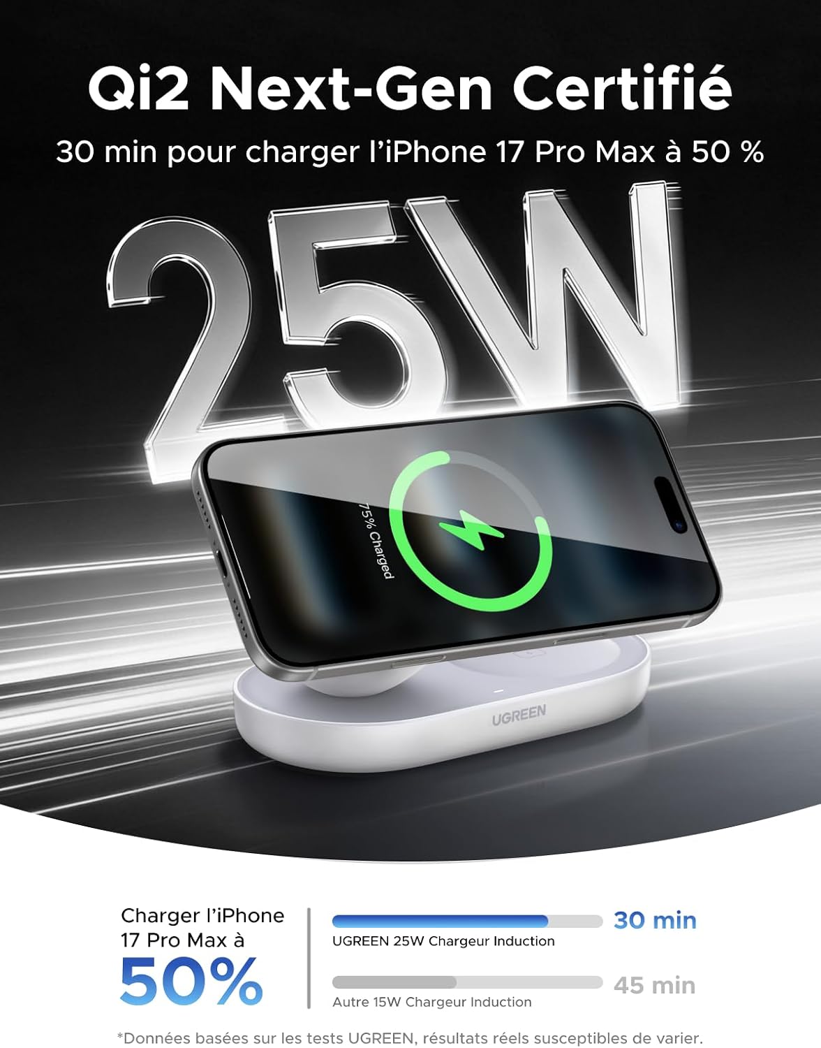 Thumbnail 1 de UGREEN Zapix Chargeur induction iPhone Qi2 25W 2-en-1 (compatible MagSafe) pour iPhone & AirPods