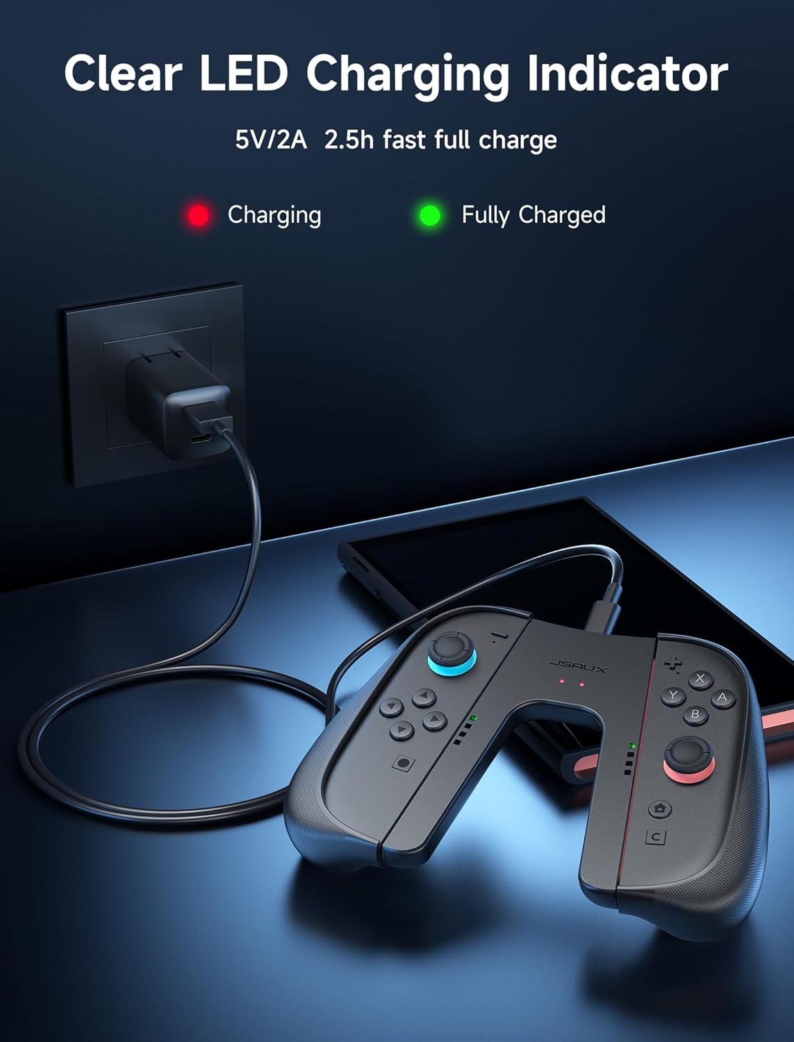 Thumbnail 5 de JSAUX impugnatura di ricarica ergonomica antiscivolo magnetica per Switch 2 con LED (nero)