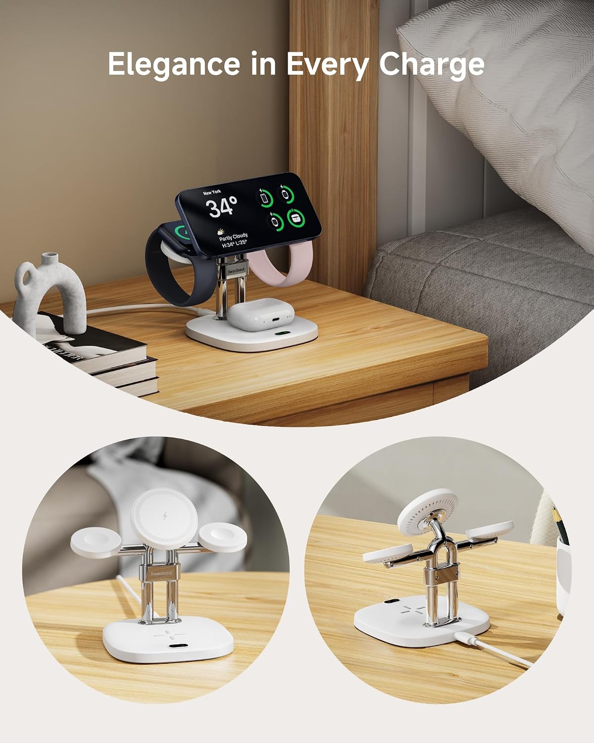 Detalle de SwanScout 709M Dual-Ladestation für Apple Watch – 25W Gesamtleistung, MagSafe-kompatibler Ladebereich