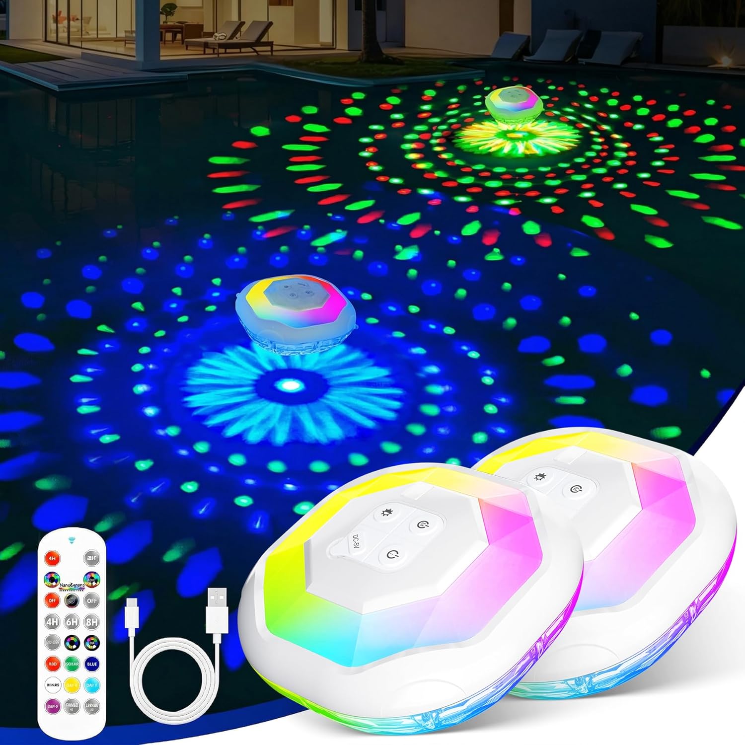 Detalle de DeeprBetter Lumière Piscine Flottante avec Télécommande – Pack 2, Éclairage LED Sans Fil IP68
