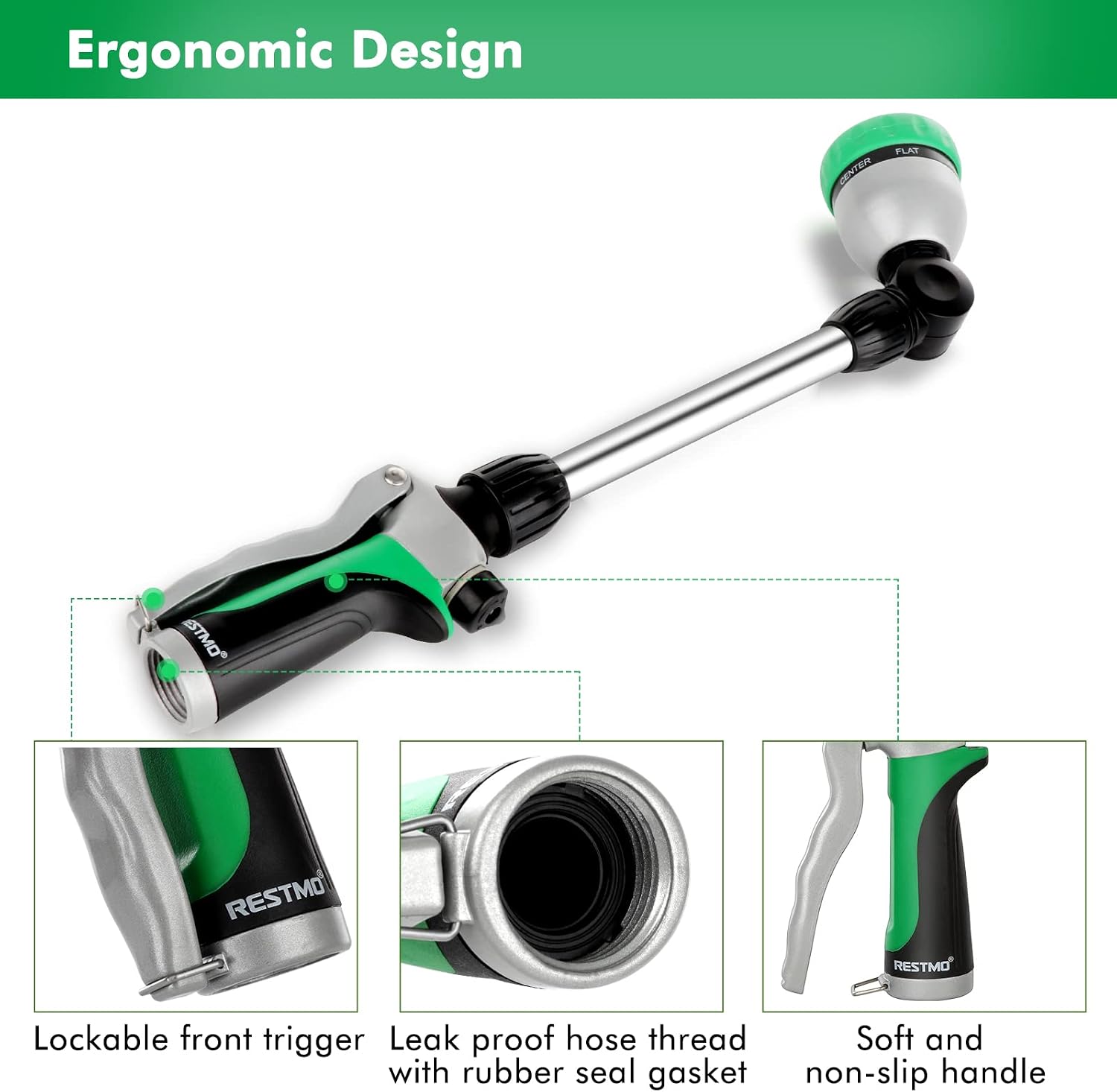 Detalle de RESTMO Metal Watering Wand: Heavy-Duty 16-Inch Sprayer with 7 Patterns and 180° Swivel