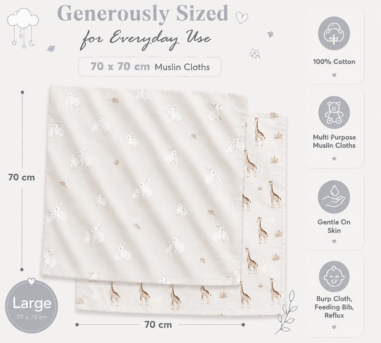 Thumbnail 5 de Large Baby Muslin Cloths Pack of 6 70 x 70 cm