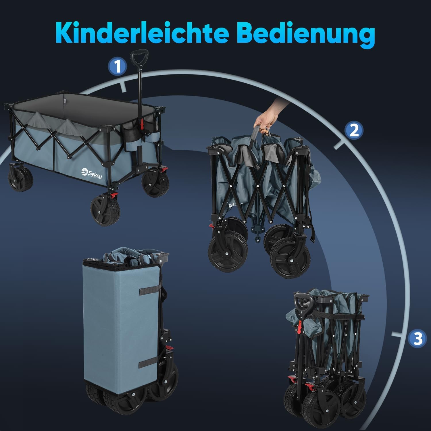 Thumbnail 5 de Sekey XXL Plus Bollerwagen faltbar mit Bremsen, 200 l Stauraum und All-Terrain-Reifen (XXL-PlusB 4011, Blau-Grau)