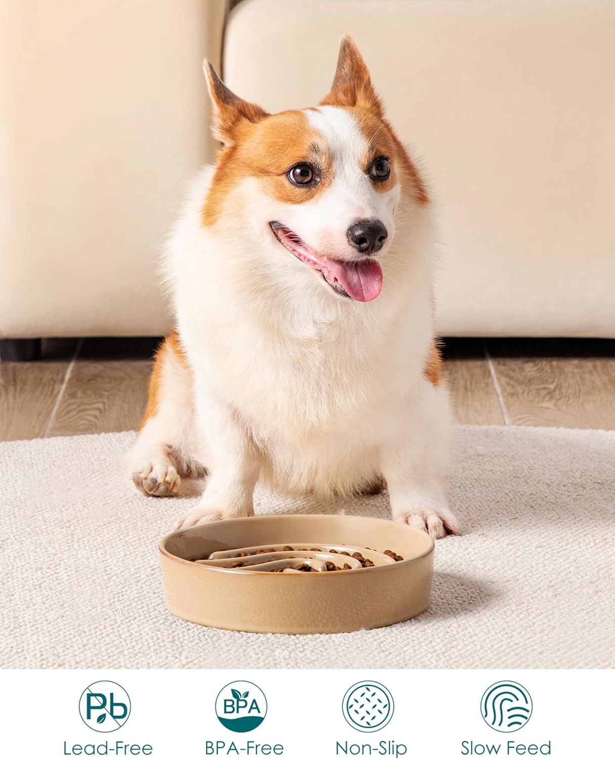 Detalle de vancasso Slow Feeder Dog Bowl (1.5 Cup) – ceramic maze puzzle bowl for small & medium pets, brown