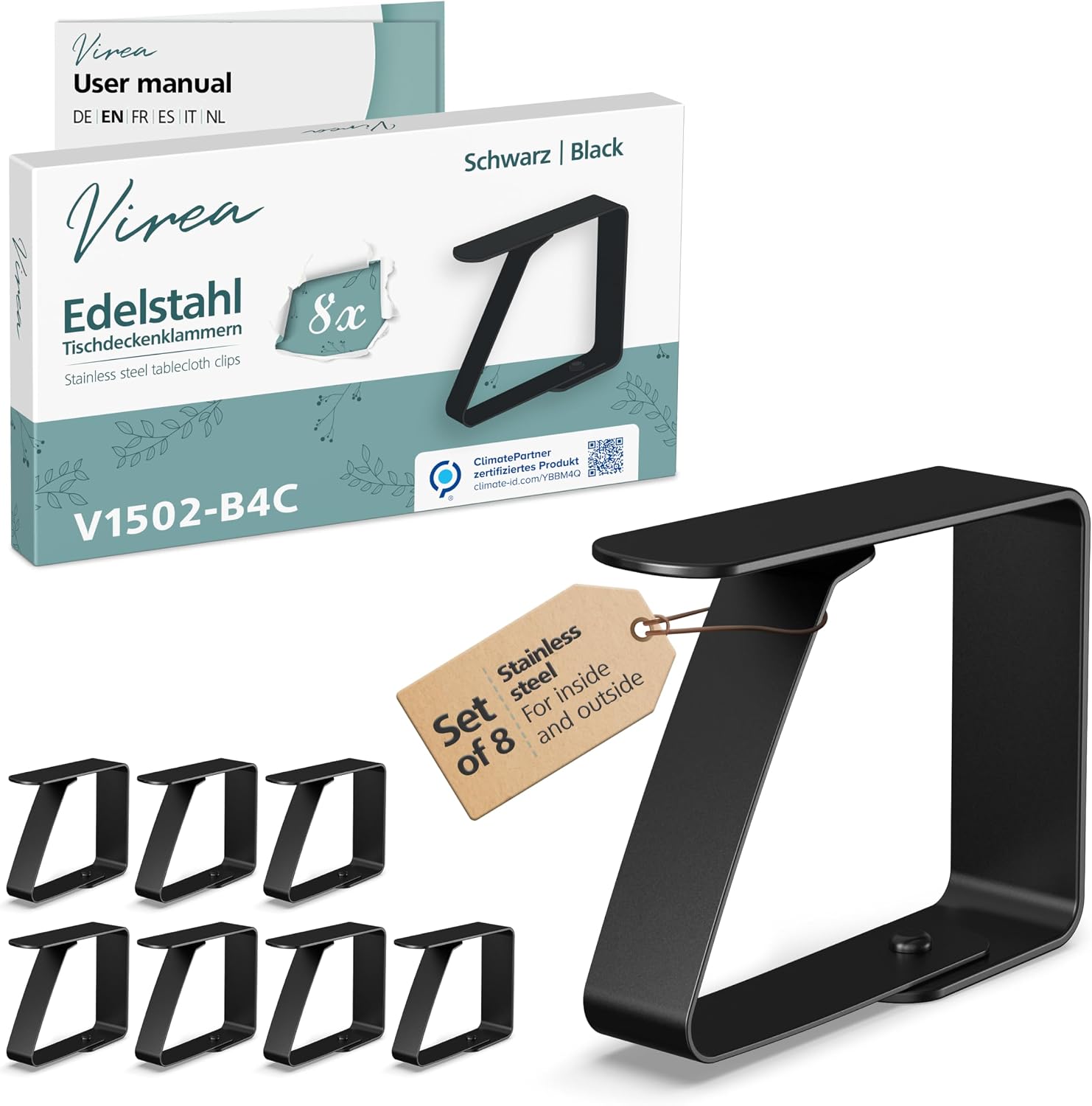 Virea tafelkleedklemmen, zwart, 8 stuks voor tafelbladen tot 3 cm