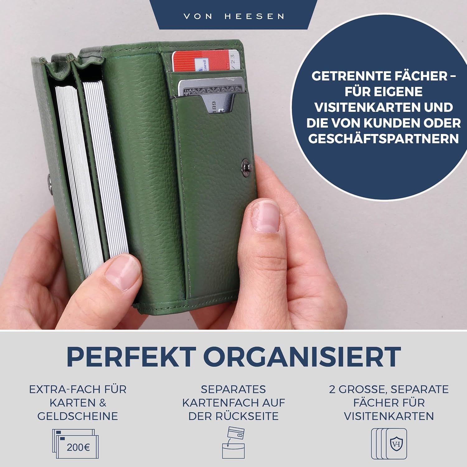 Detalle de VON HEESEN Visitenkartenetui Leder mit RFID-Schutz – Grün, 50 Karten, 6 Fächer