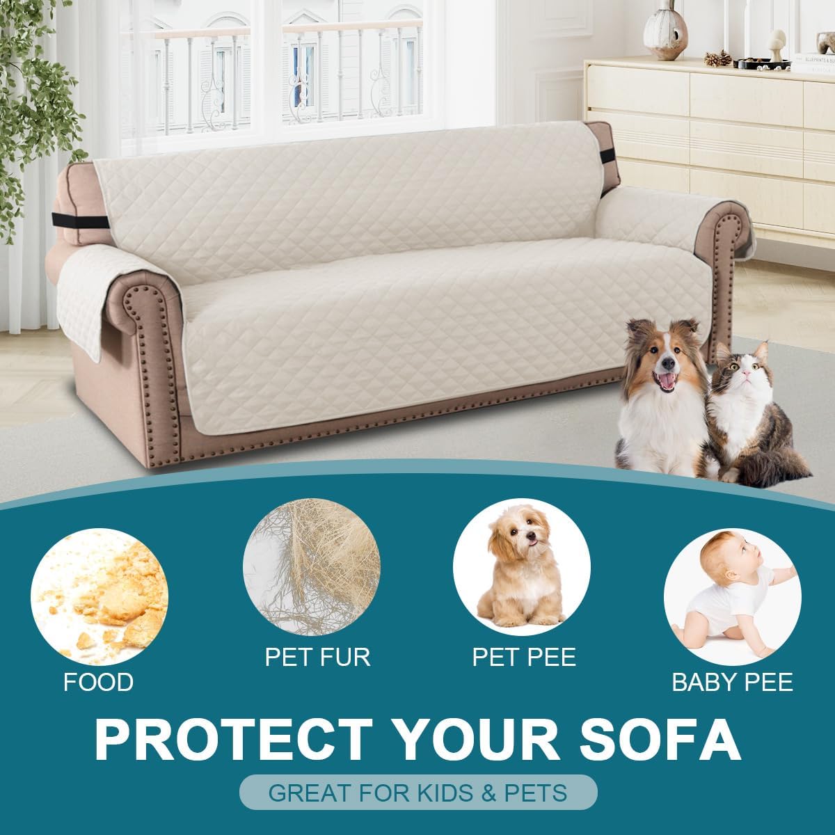 Thumbnail 2 de BellaHills 3 Seater Water Resistant Reversible Sofa Cover – Ivory/Beige