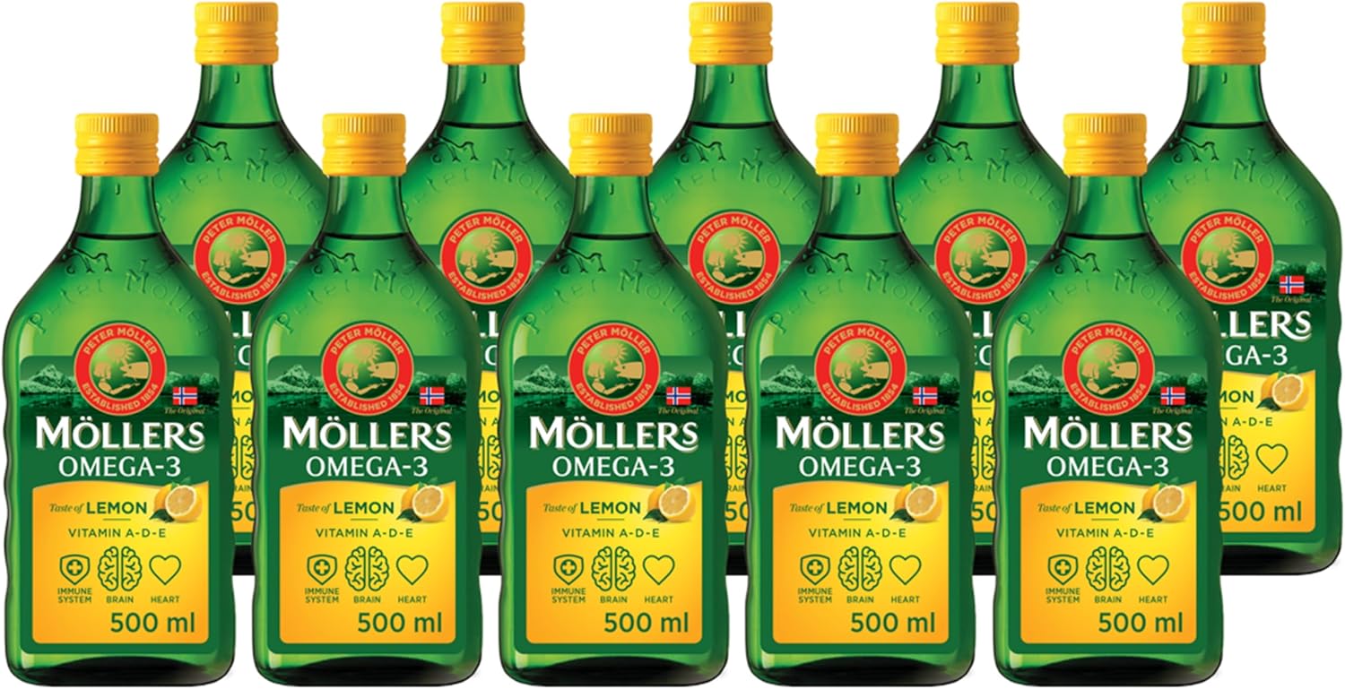 Detalle de Möller's Omega 3 Lebertran Öl – Nordic Omega 3 Nahrungsergänzung mit EPA, DHA, Vitamin A, D und E (Zitrone) – 10 x 500 ml