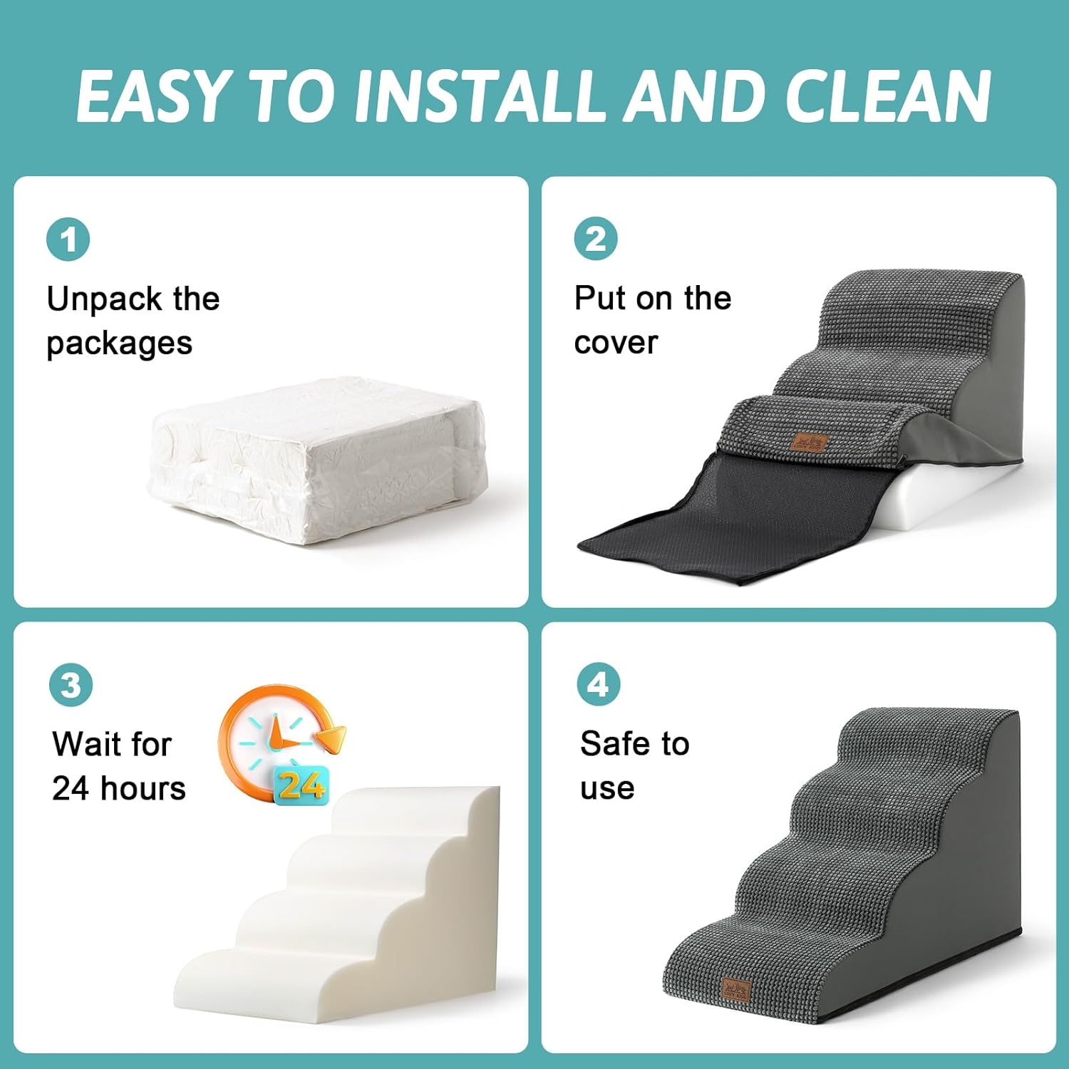 Detalle de COZY KISS Dog Stairs for Small Dogs, 4-Step Curved Ramp with High-Density Foam (19.7" H) – Charcoal Grey
