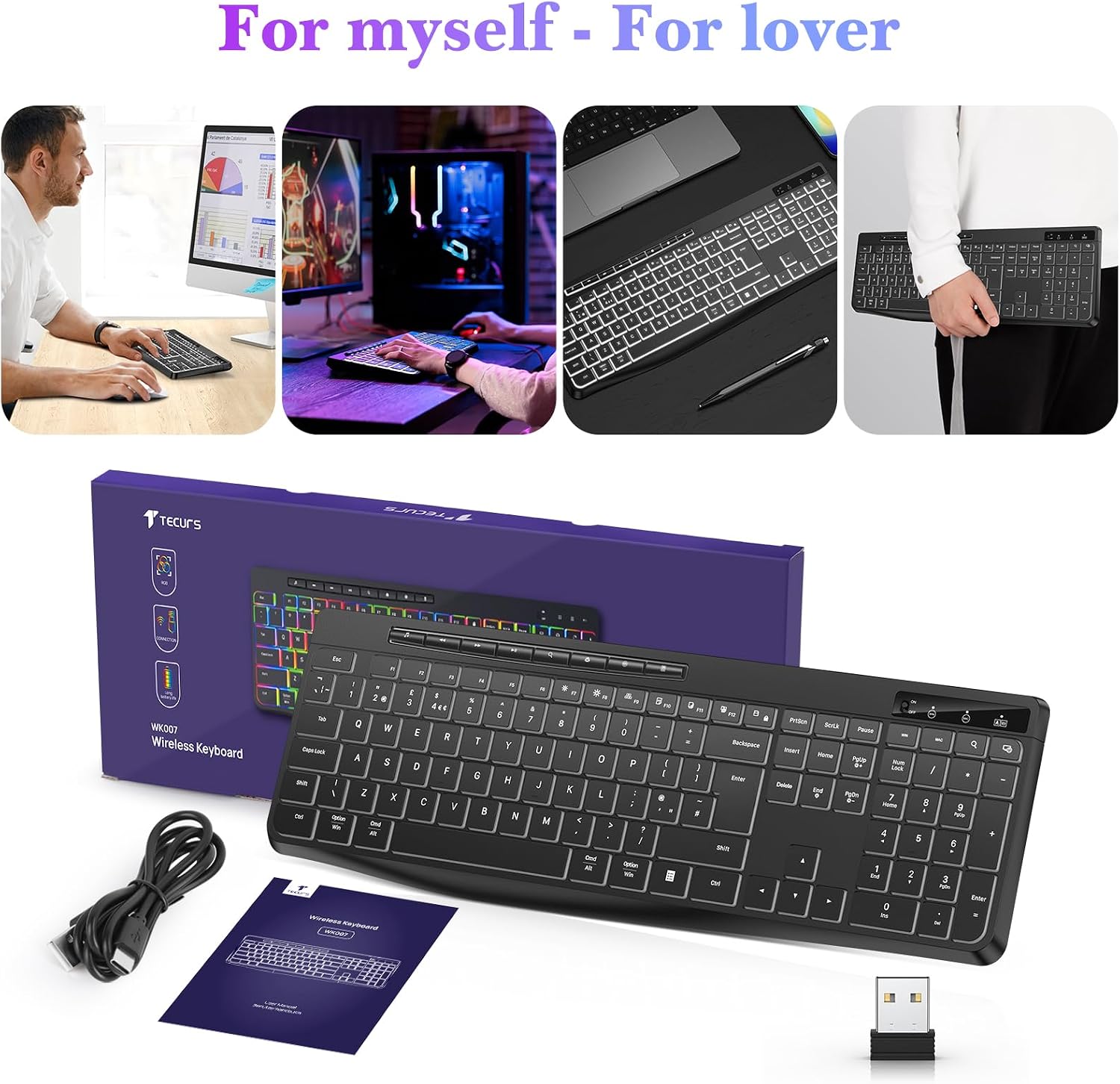Thumbnail 5 de TECURS Wireless Keyboard White Backlit (UK QWERTY, 2.4G, Full Size)