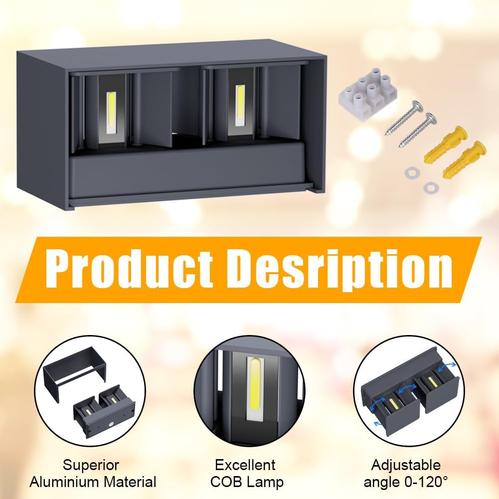 Detalle de Klighten 24W LED Wandleuchte für Innen & Außen (IP65) – 4000K, Anthrazit, einstellbarer Abstrahlwinkel