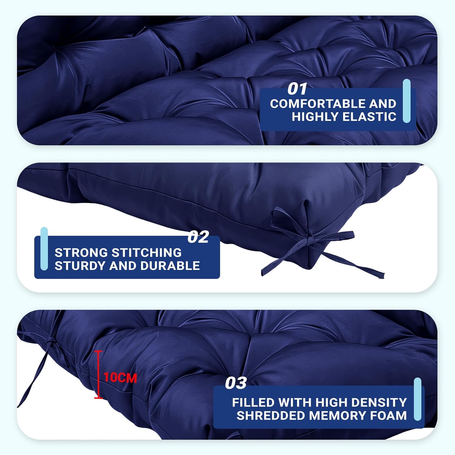 Detalle de ZxrFxr Waterproof Swing Seat Cushions: Navy 100x100cm for 2/3/4 Seater Benches