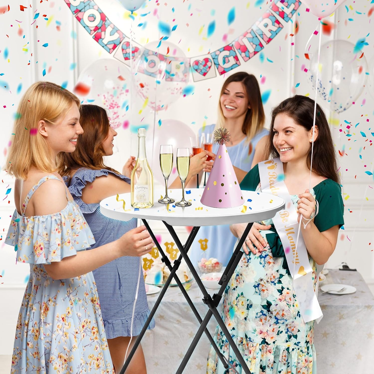Detalle 2 de GUAGUA 002 32-Inch Folding Cocktail Table, White Round Bar-Height Table