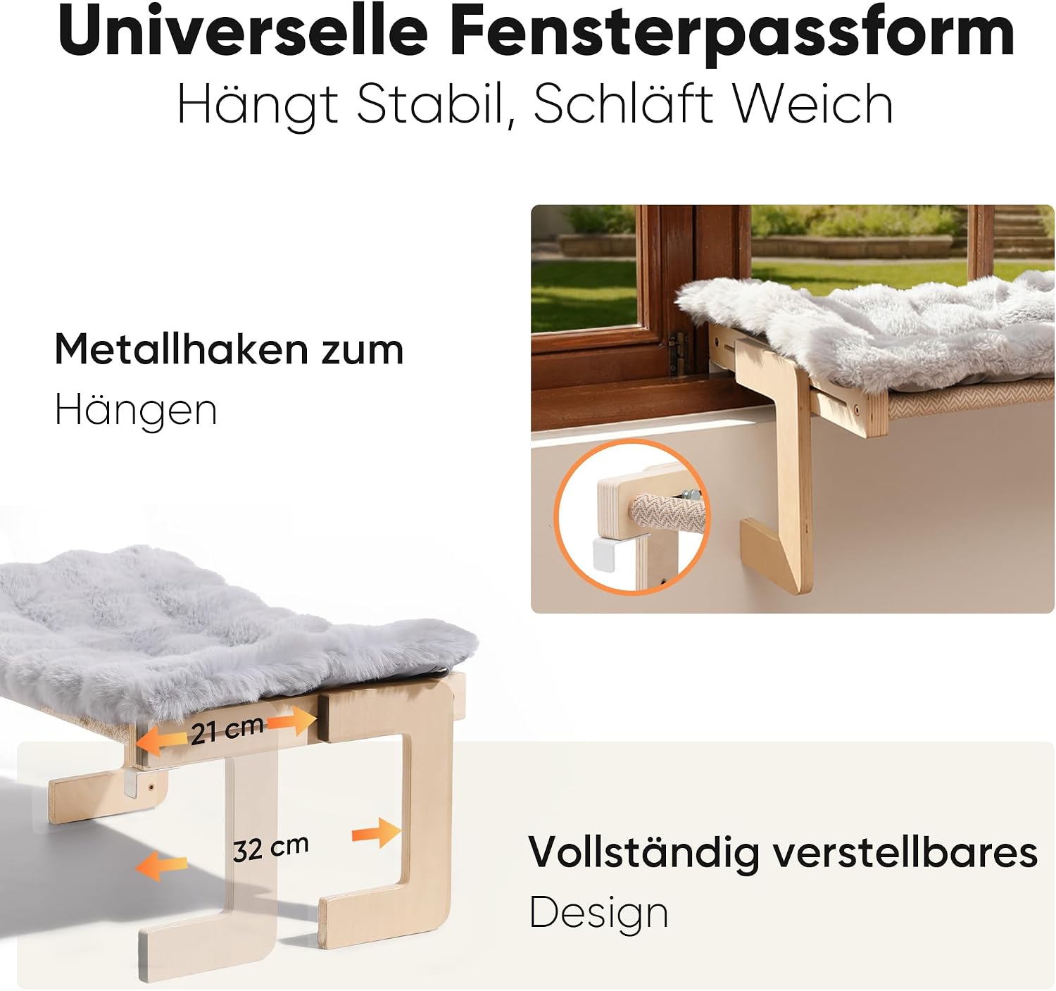 Thumbnail 5 de FUKUMARU Katzenhängematte – Fensterbank- und Bodenablage für große Katzen, verstärktes Holz-/Metallprofil