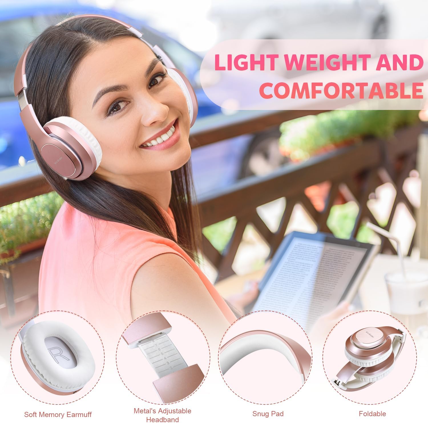 Detalle de WorWoder W-915 wireless over-ear headphones with 80 hours playtime and microphone (Rose Gold)