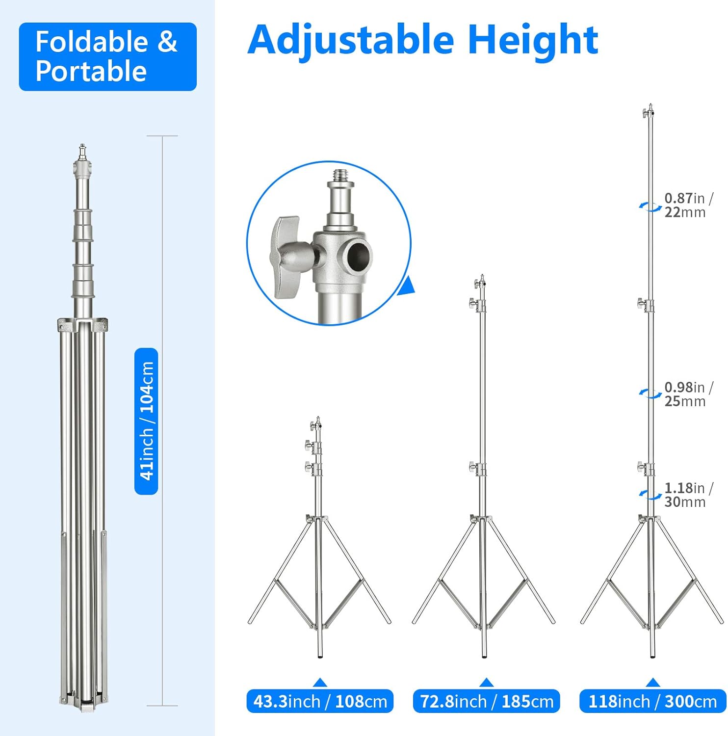 Thumbnail 5 de NEEWER 118\"/3m Stainless Steel Light Stand with Spring Cushion + 1/4\" to 3/8\" Universal Adapter