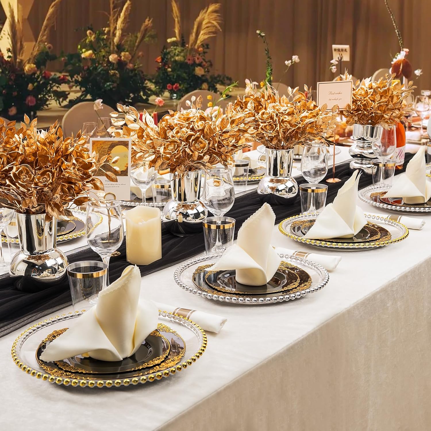 Thumbnail 6 de Hioasis 350pcs Black & Gold Party Plates Set for 50 Guests