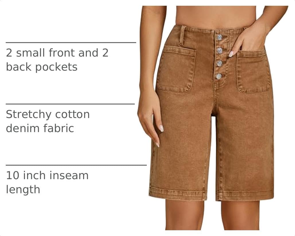 Detalle 2 de luvamia High-Waisted Denim Bermuda Shorts for Women with Button Fly and Patch Pockets