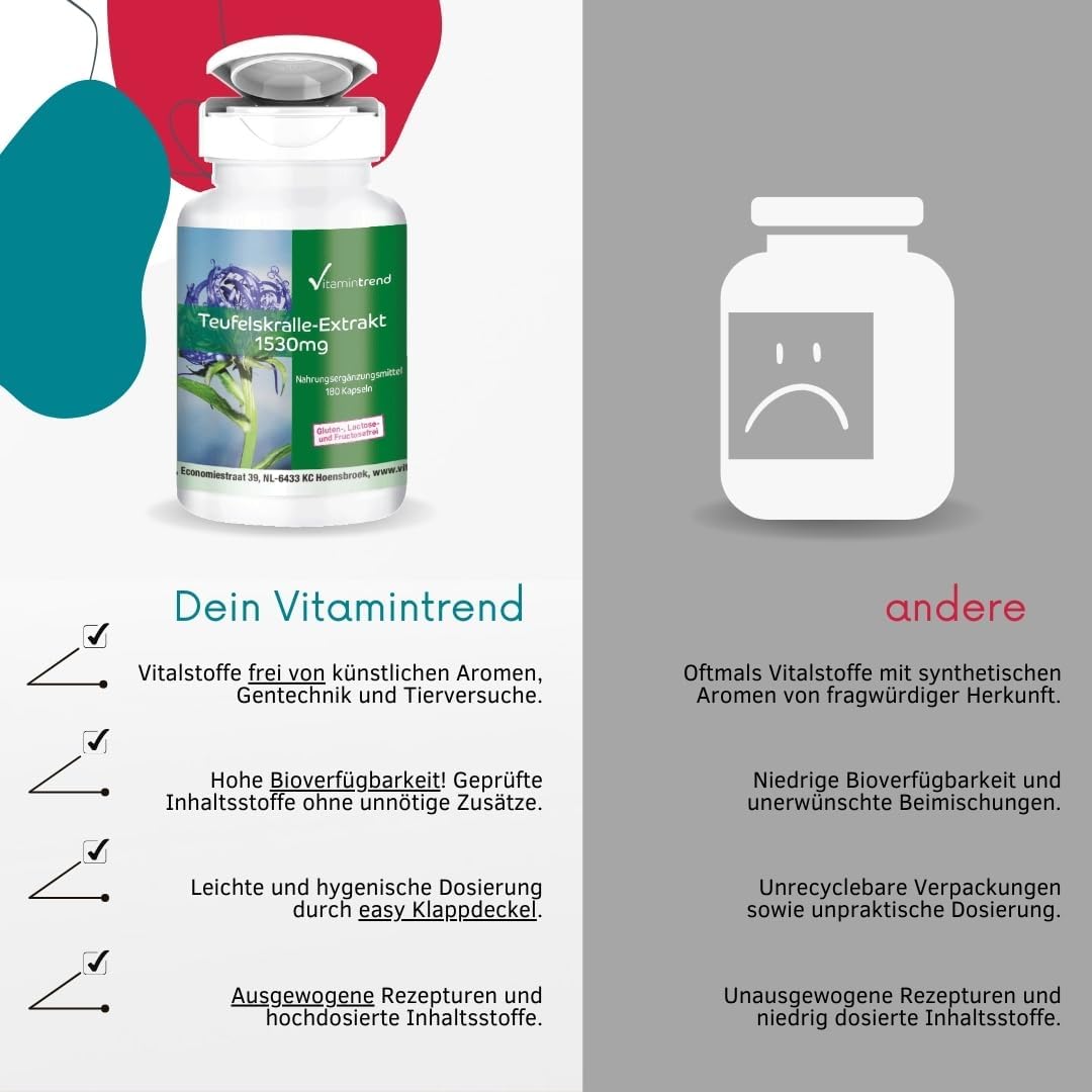 Detalle de Vitamintrend Teufelskralle Hochdosiert 1530 mg Extrakt – 180 Kapseln, vegan, ohne Zusätze, in Deutschland hergestellt