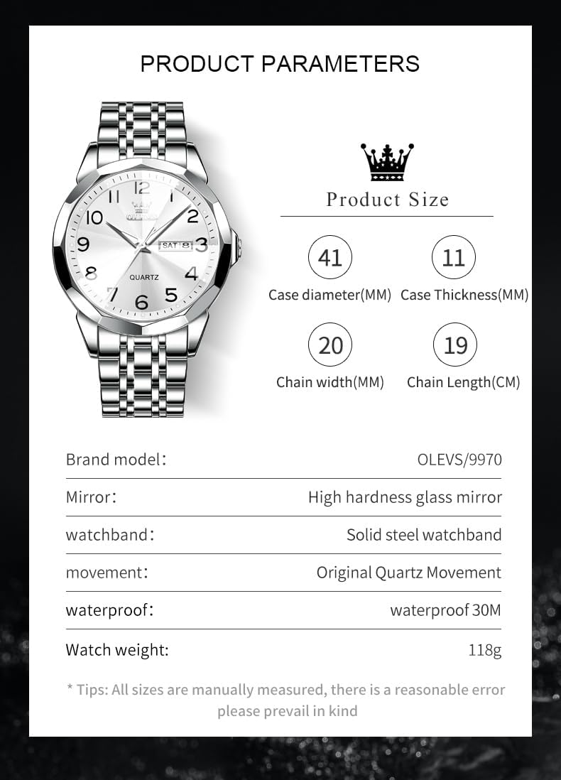 Thumbnail 4 de Montre homme OLEVS Quartz à index « diamants » en acier inoxydable, étanche 30 m