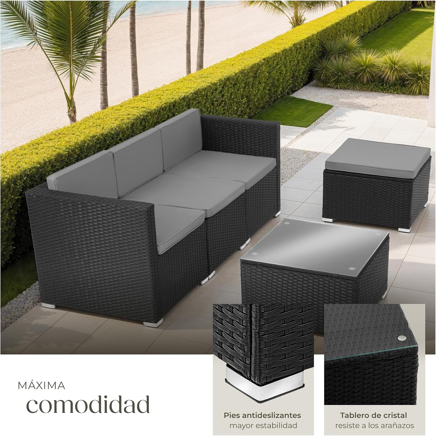Detalle 2 de tectake® Conjunto Jardín Ratán 3+1 con Mesa