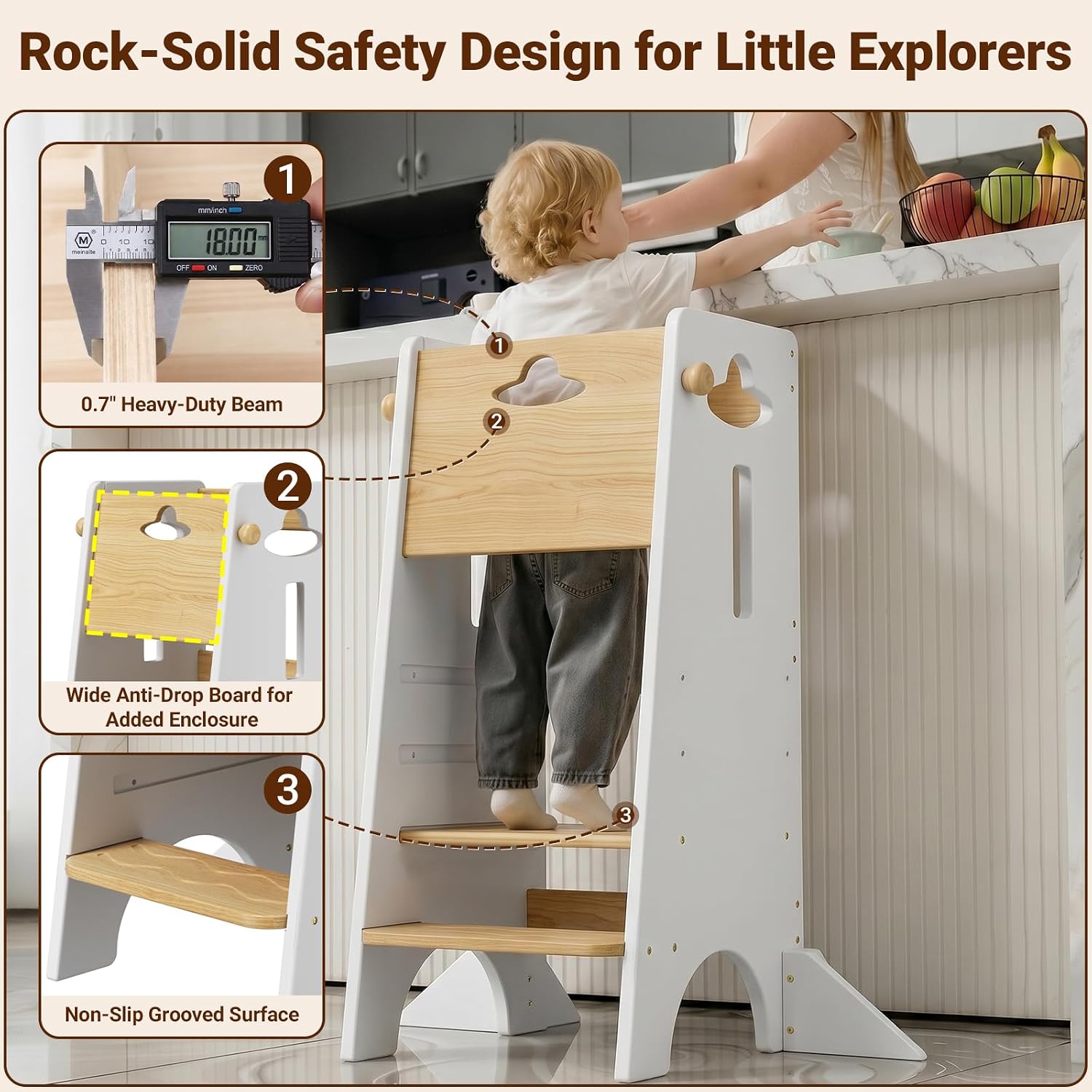 Thumbnail 3 de COSYLAND Toddler Standing Tower 3-Level Wooden Kitchen Stool