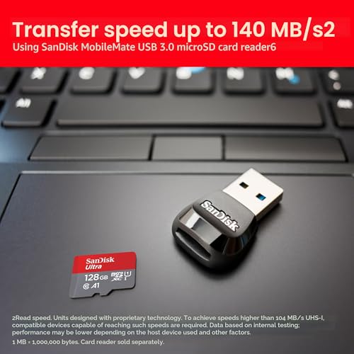 Detalle de SanDisk Ultra microSDXC 128GB con Adattatore SD + 140 MB/s, A1 - UHS-I Class 10 U1