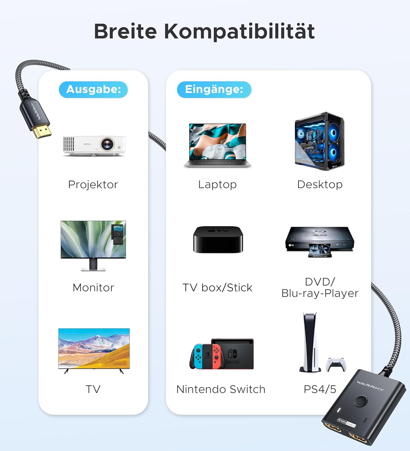 Thumbnail 5 de WARRKY HDMI Switch 4K@60Hz: 2 Eingänge zu 1 Ausgang, Aluminiumgehäuse, HDCP 2.2, 3,3 ft Kabel