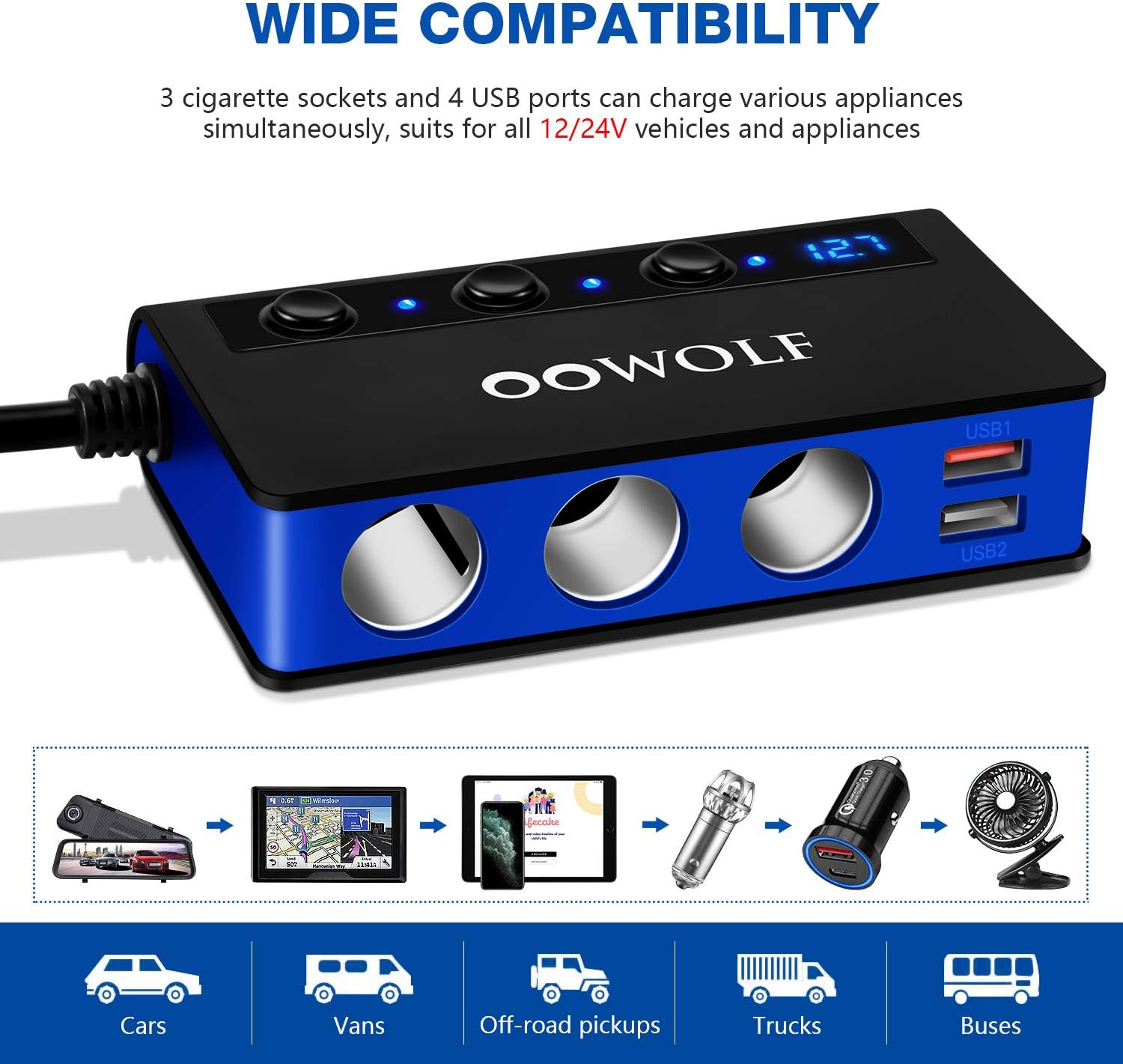Detalle 2 de OOWOLF Quick Charge 3.0 Car Power Splitter 180W