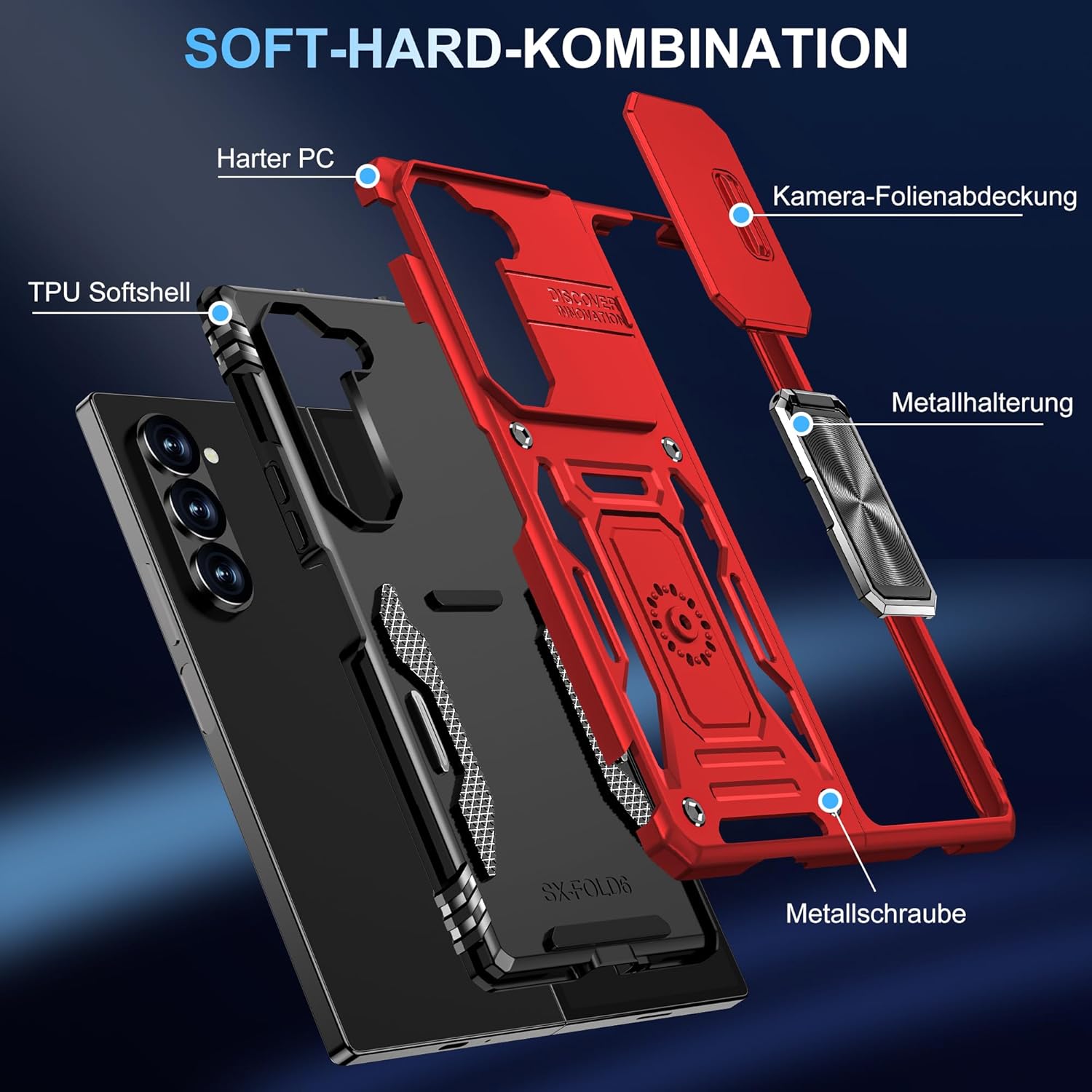 Thumbnail 5 de Handyhülle für Samsung Galaxy Z Fold 5 mit Slide-Kamera und 360° Metallring-Ständer (Rot)
