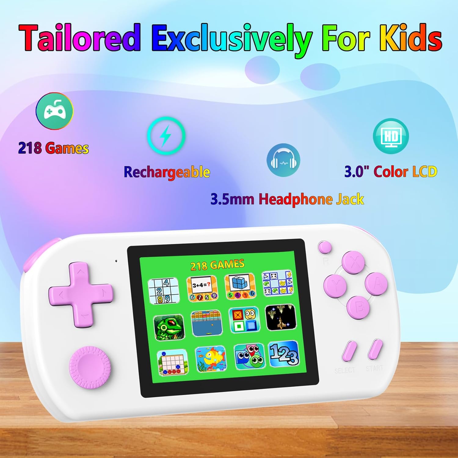 Thumbnail 1 de TEBIYOU Handheld Games for Kids with 3.0" HD Screen and Rechargeable Battery (White) — 218 Built-In Games