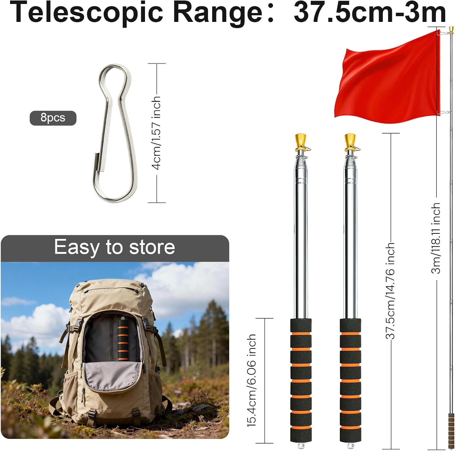 Detalle de APXEL 9.8ft (300cm) telescopic handheld flag pole set with clips for tour guides and teaching