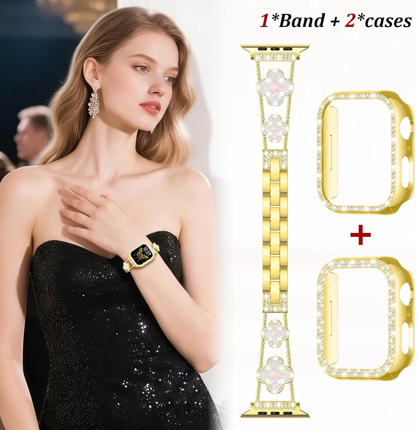 Detalle de Metall-Armband mit Diamant-Schutzhülle für Apple Watch – Vierblättriges Kleeblatt-Design, Edelstahlband, passend für Series 11 bis SE (38–42 mm) in Gold/Weiß