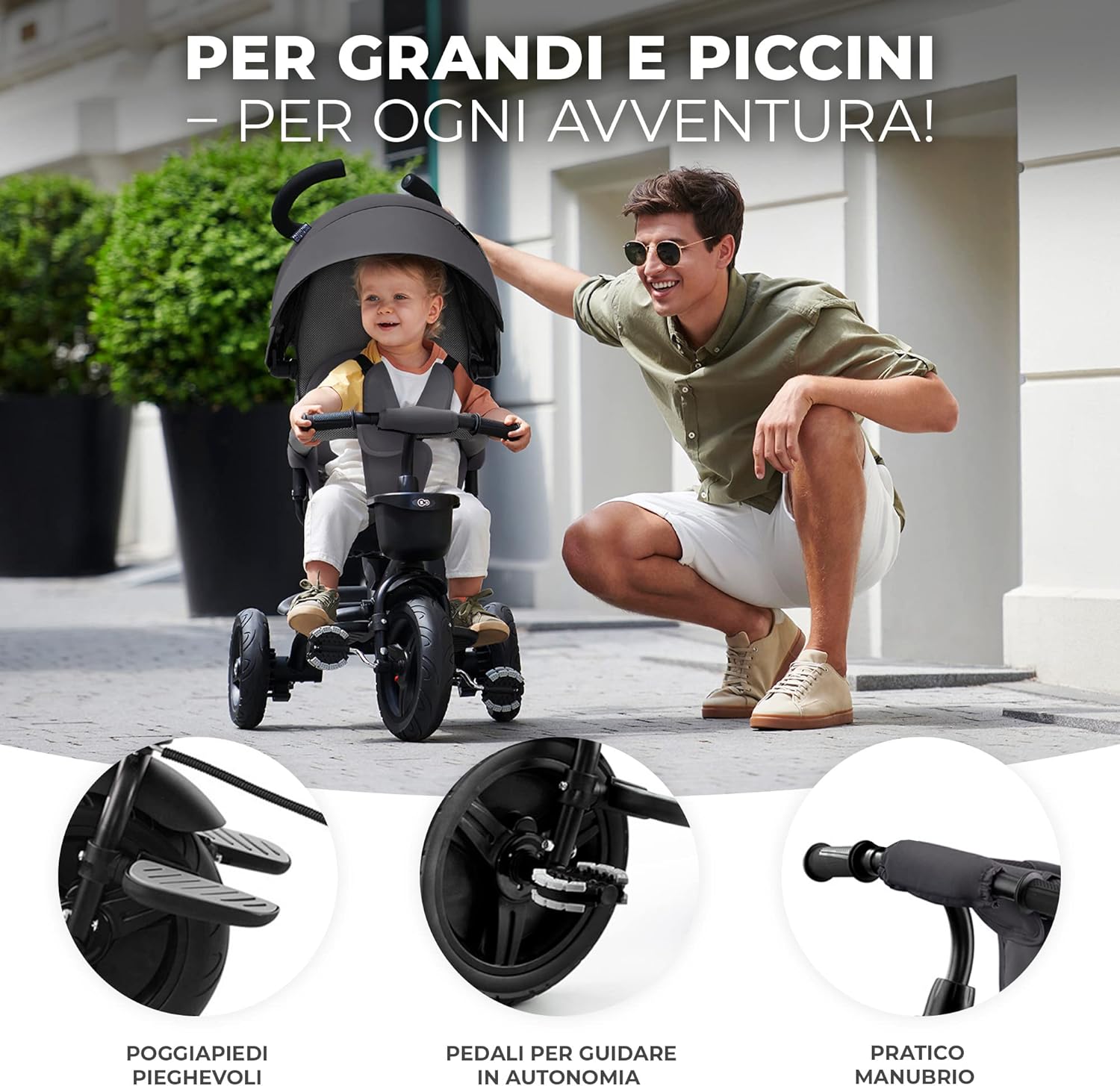 Detalle de Kinderkraft AVEO Triciclo per bambini 9 mesi – 25 kg, maniglione regolabile, pieghevole, sedile girevole fronte mamma e strada, rosa