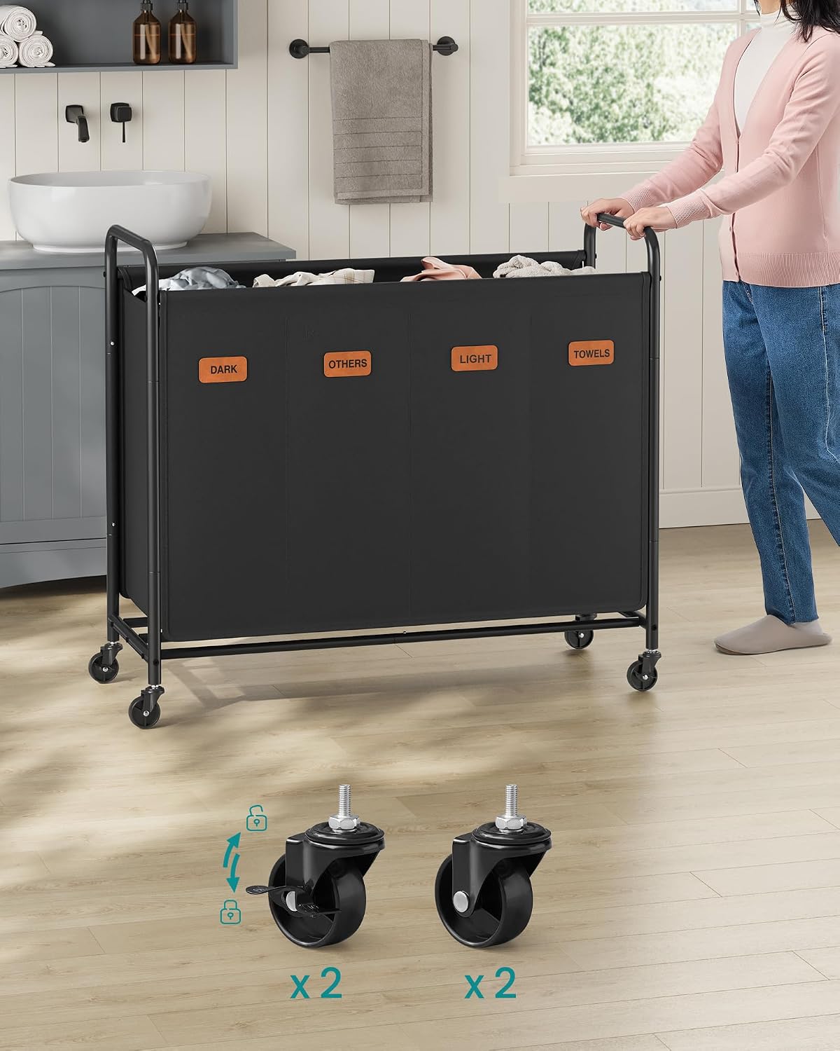 Detalle 2 de SONGMICS RLS460B01 tvättsorterare på hjul, 200 liter med fyra fack