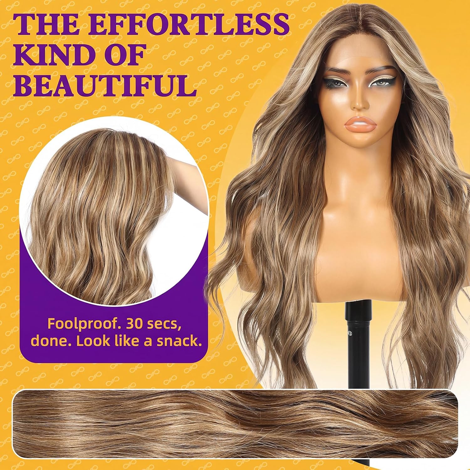 Detalle de KOME Ash Brown 28-Inch Synthetic Lace Front Wig with Body Waves and Bangs