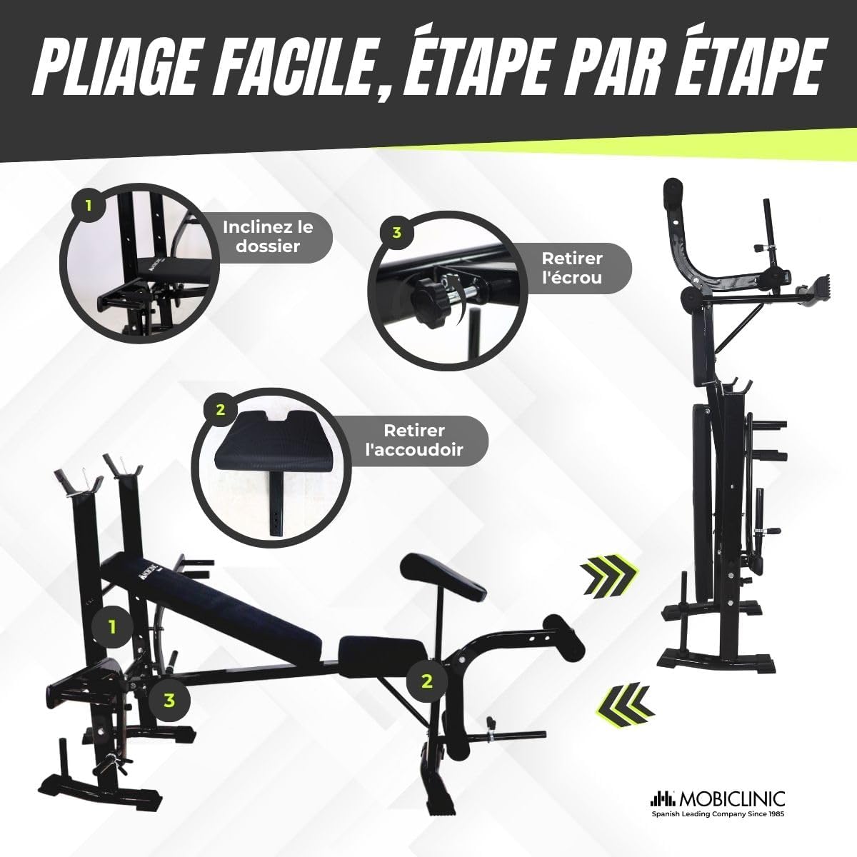Detalle de Mobicliniс fitness Banc de musculation Pressfit — Banc pliable et ajustable en acier jusqu’à 250 kg