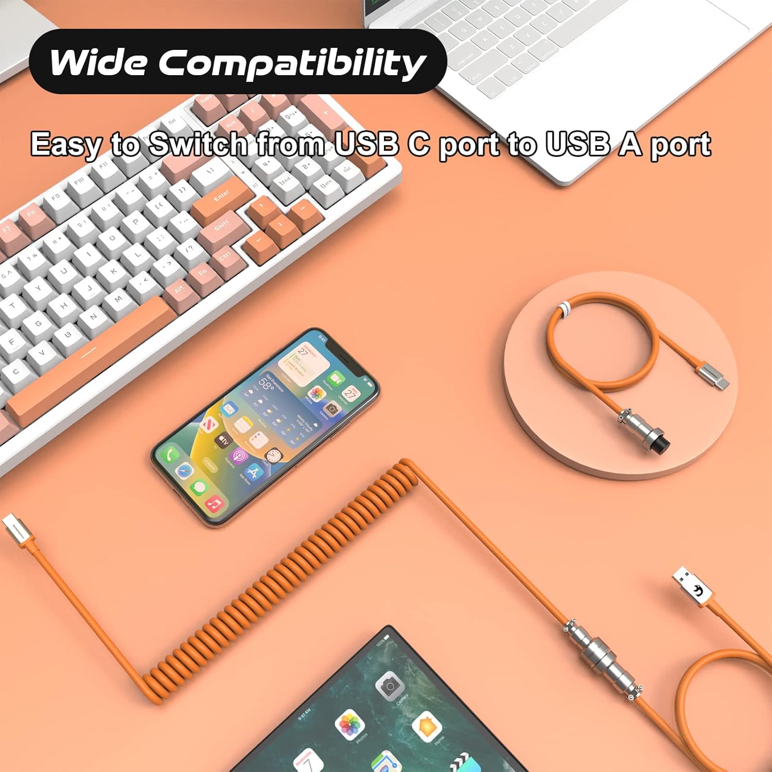 Thumbnail 2 de ZIYOU LANG 2 in 1 Custom Coiled USB C to A and C Cable with Detachable Extendable Double Sleeve Spiral Cable — Orange