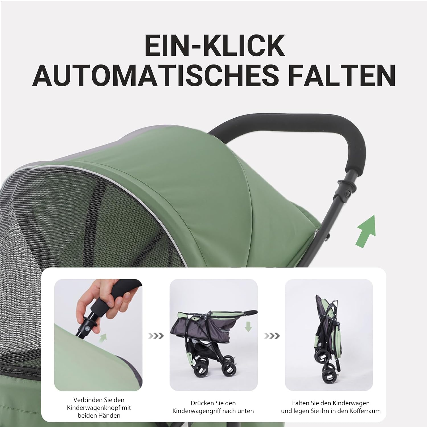 Detalle de Sunny Sonny Faltbarer Jogger Haustier-Kinderwagen Grün – bis 15 kg, Wetterabdeckung, Aufbewahrungskorb und Innen-Tragetasche