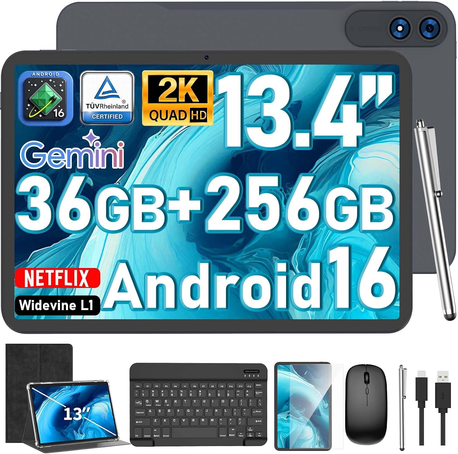 Detalle de JJGJ P90 13.4-Inch Android 16 Tablet with 2K IPS Display and Keyboard Bundle