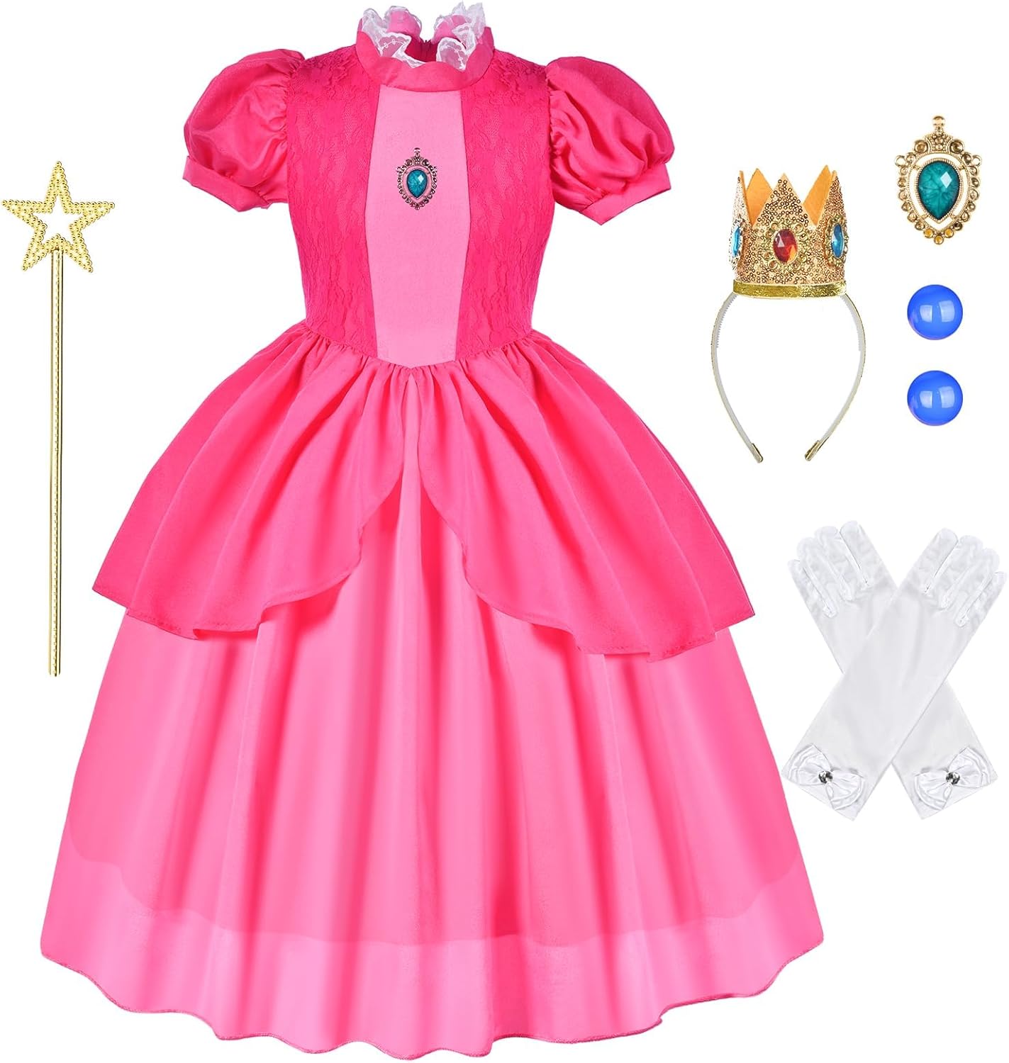 Aomig Peach Princess Costume per Bambini – 6 pezzi, completo di accessori, taglie 3–10 anni